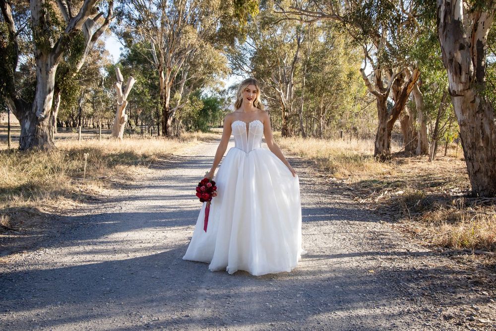 White wedding dress photographed in sequence along a tree-lined rural path.