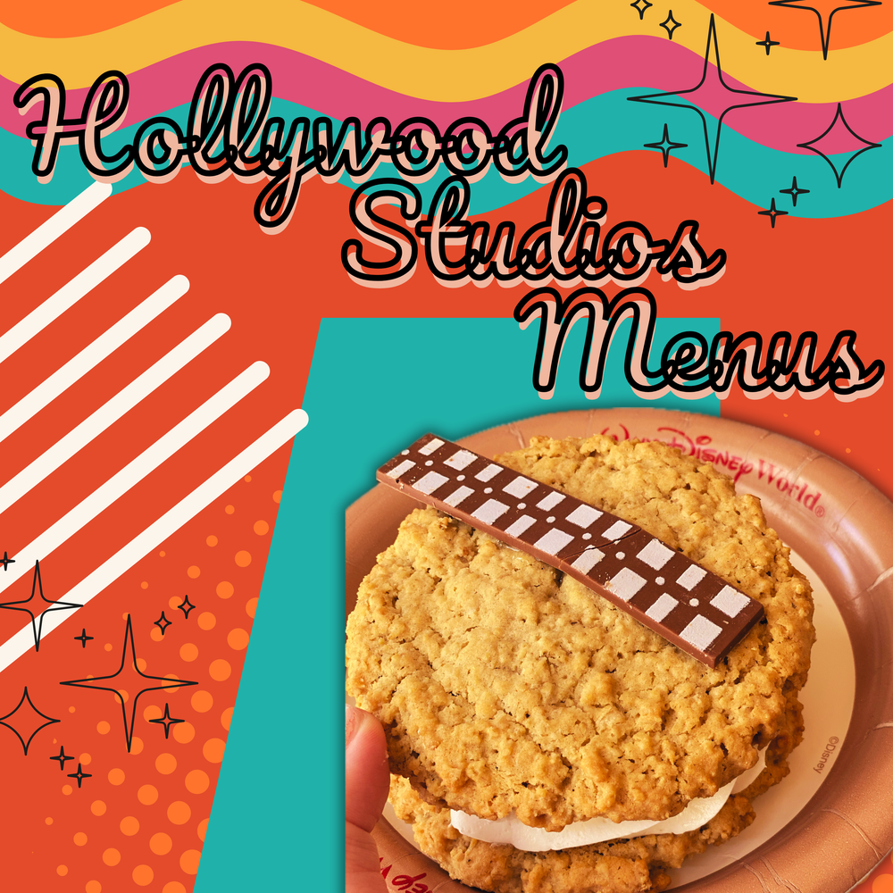 Hollywood Studios menu cover featuring a themed cookie dessert with retro design elements.