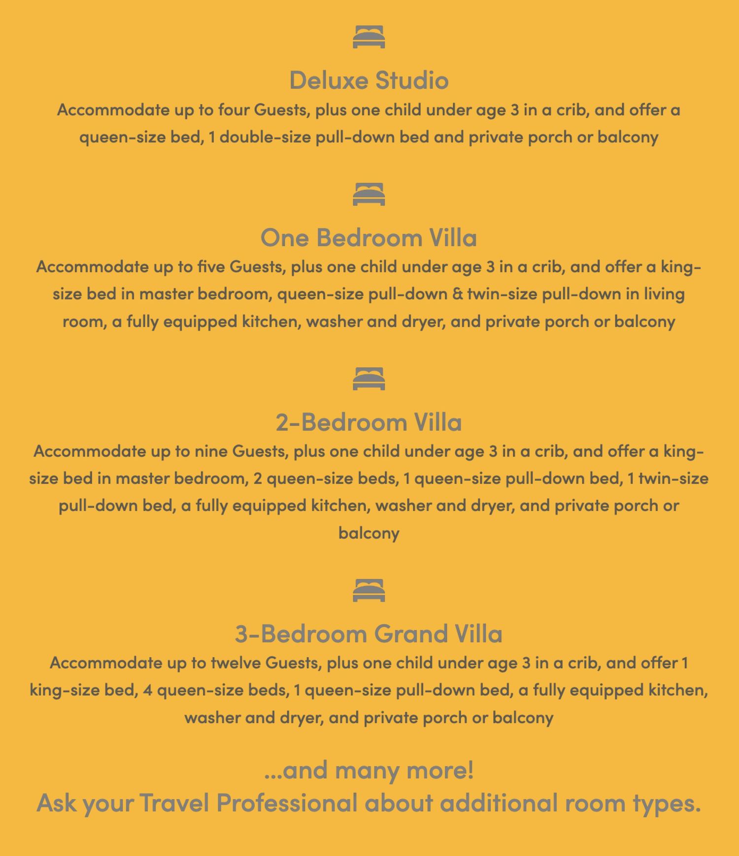Yellow information banner describing room types and accommodations at Disney resort.