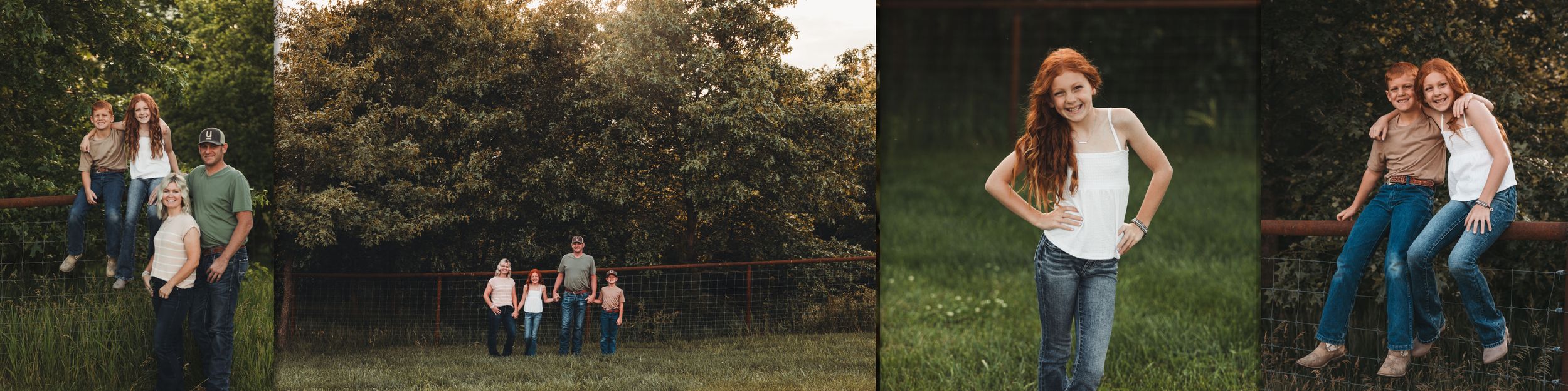 Family portrait collage of three outdoor shots featuring casual outfits and autumn scenery in a natural setting.
