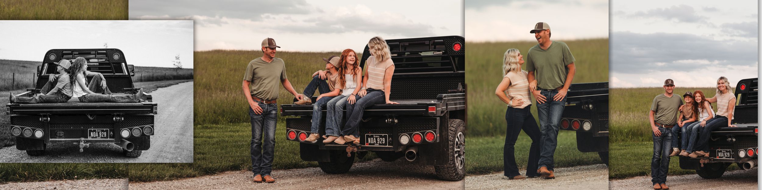 Two figures lean against a vintage black pickup truck in a grassy field at golden hour.