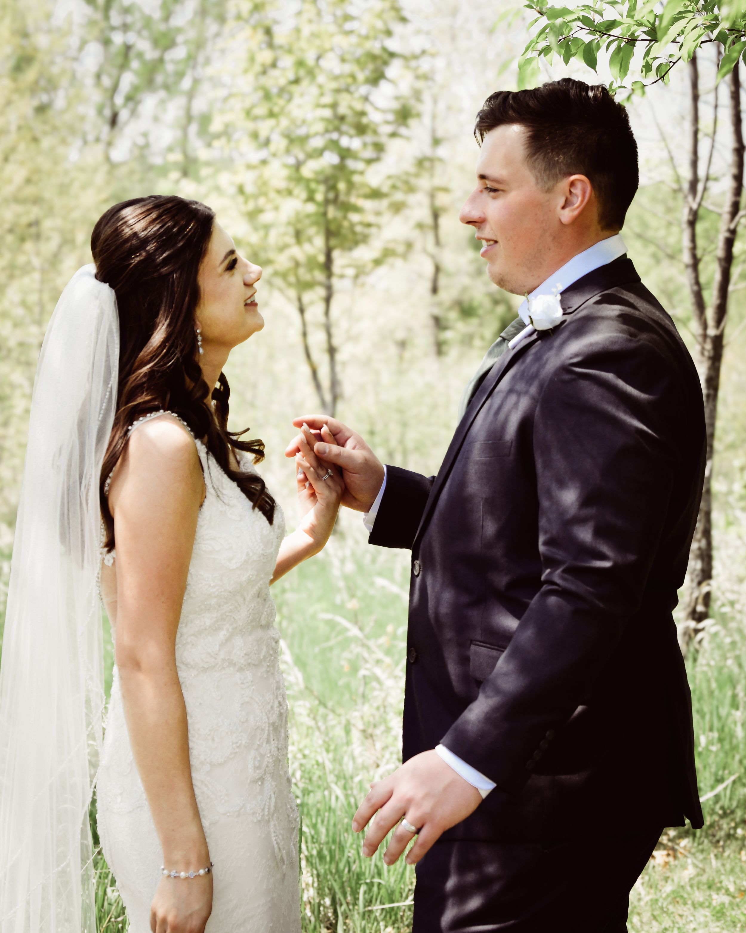 Wedding photo sequence showing couple's playful interaction in a natural setting.