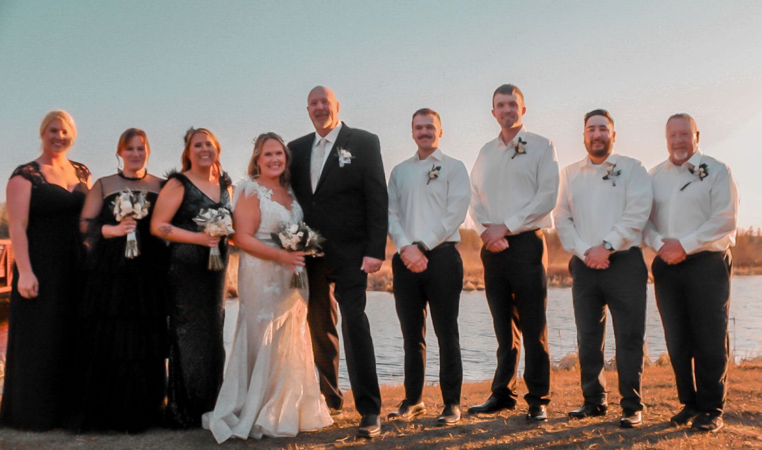 A series of wedding party group photos at sunset showing joyful celebrations along a waterfront backdrop.