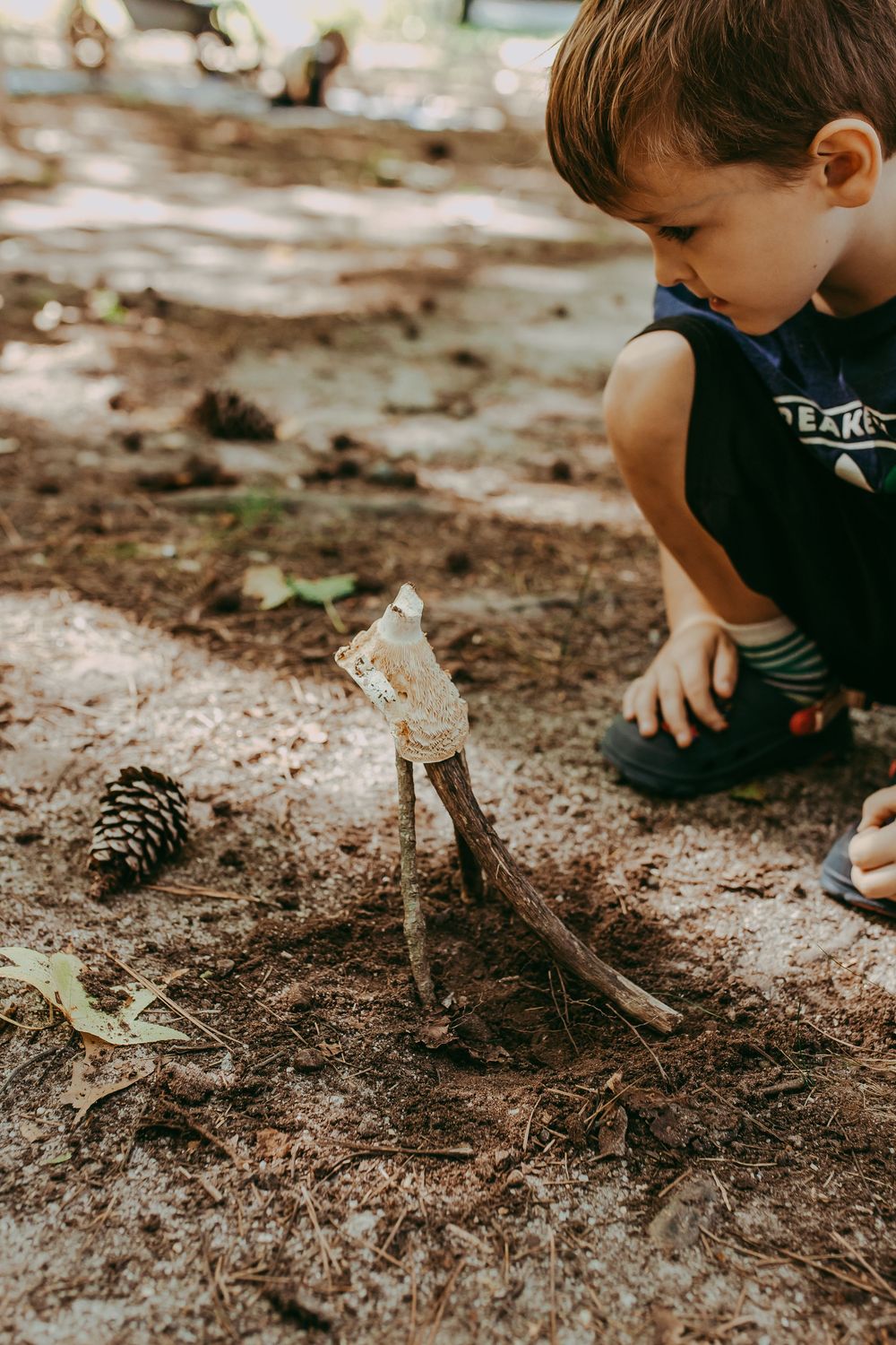 Small child exploring and digging in dirt and soil outdoors with pine cones and natural elements visible. Whitney Popp, Arizona photographer