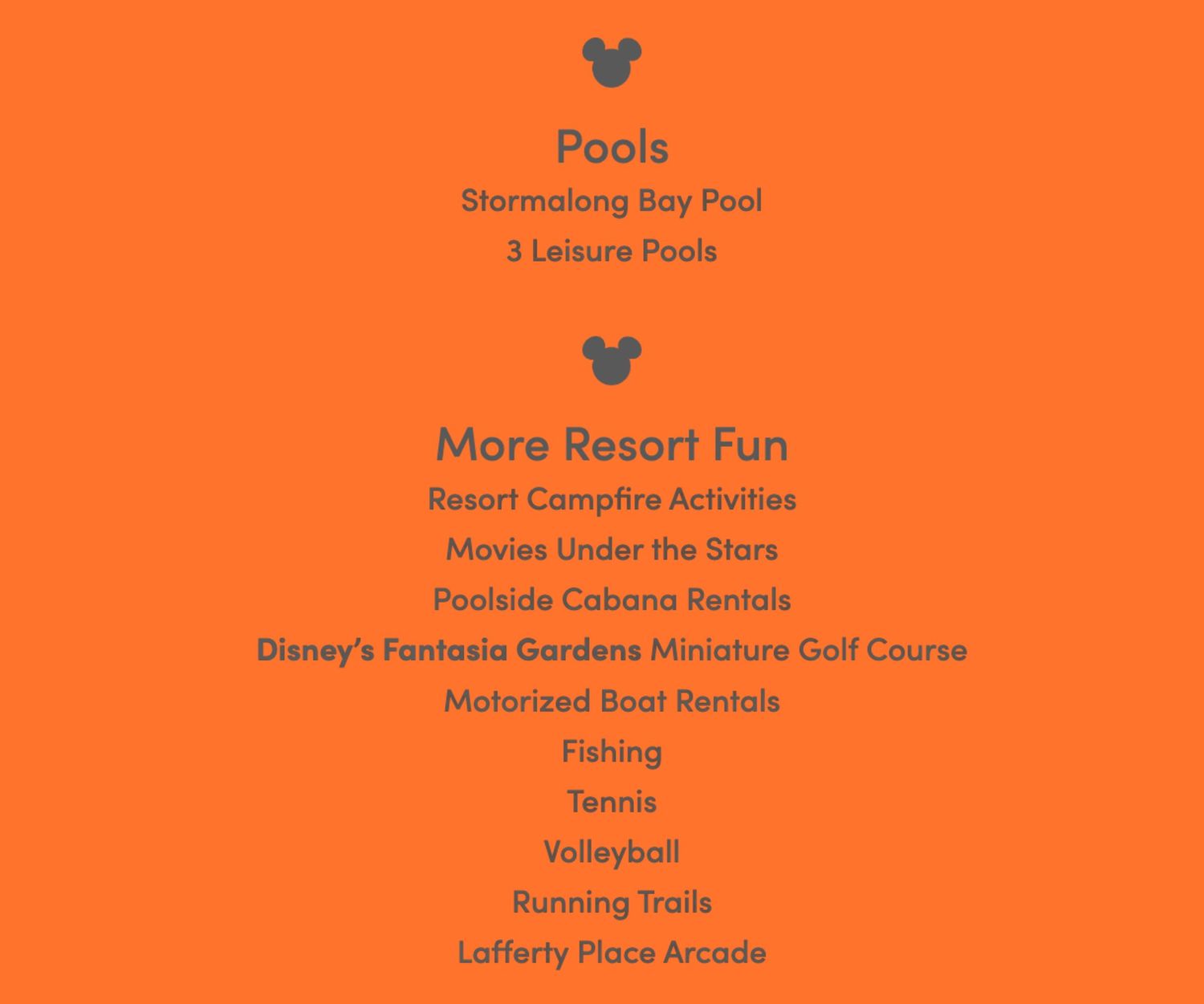 Orange informational graphic listing Disney resort pool and recreation activities.