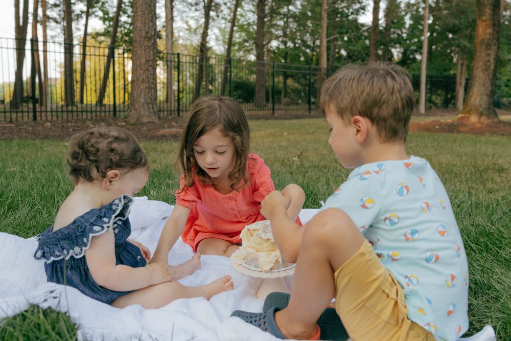 Group of children having a picnic on a white blanket in a park with pine trees in the background.
