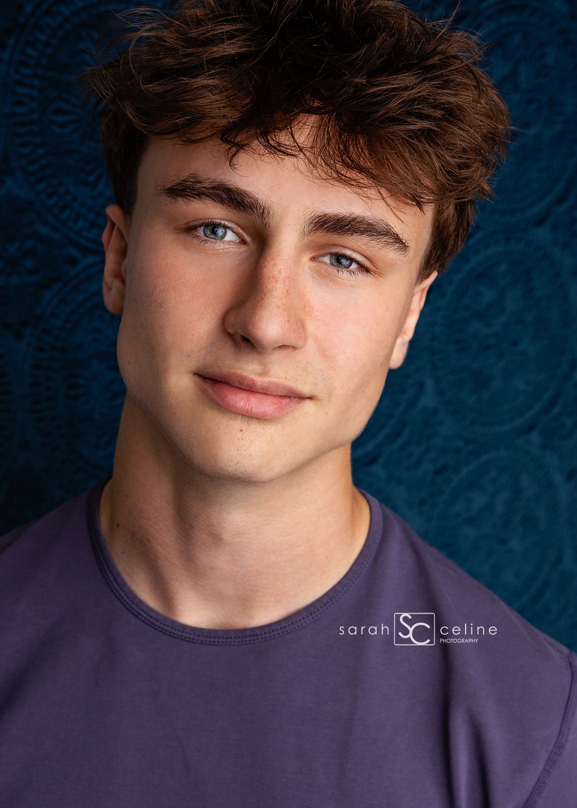 Portrait series showing individual wearing a purple shirt against a blue textured background.