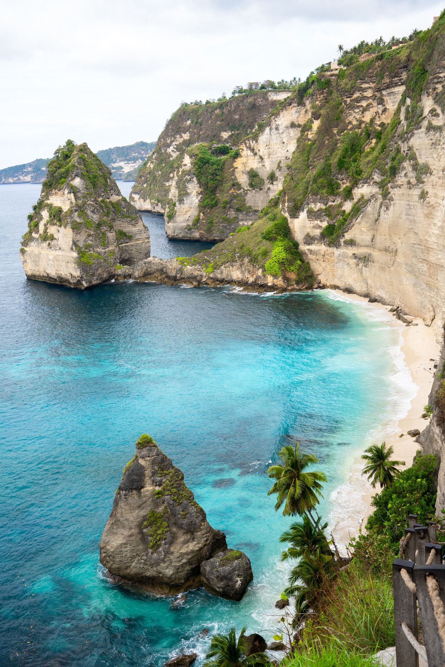 Stunning coastal cliffs and turquoise waters at a tropical beach with palm trees.