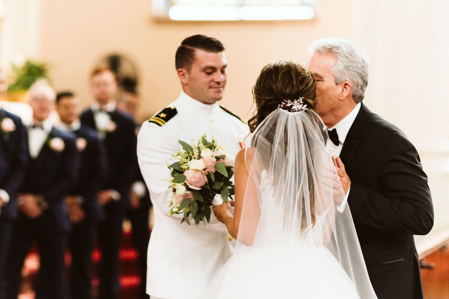 A series of candid wedding moments captured in a church setting during a ceremony.
