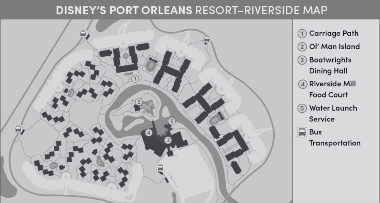 Map layout showing Disney's Port Orleans Resort-Riverside facilities and amenities.