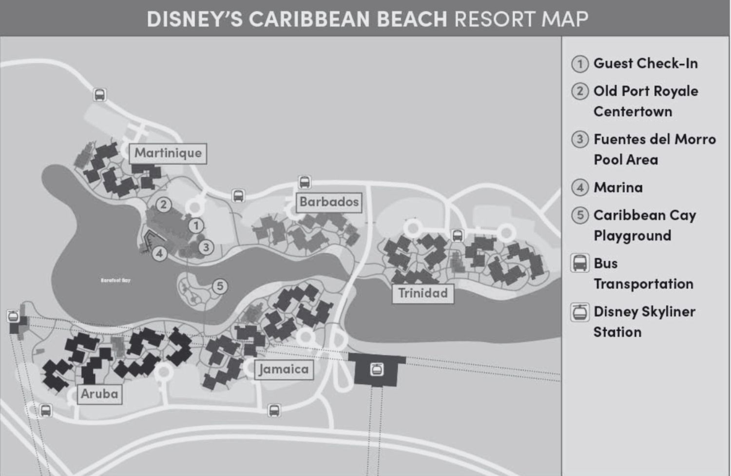 A black and white map of Disney's Caribbean Beach Resort showing the layout of different areas and amenities.
