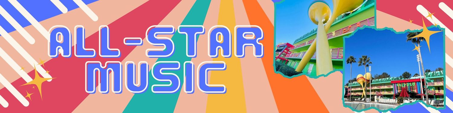Retro-style All-Star Music banner with palm trees and musical elements against a vibrant background.