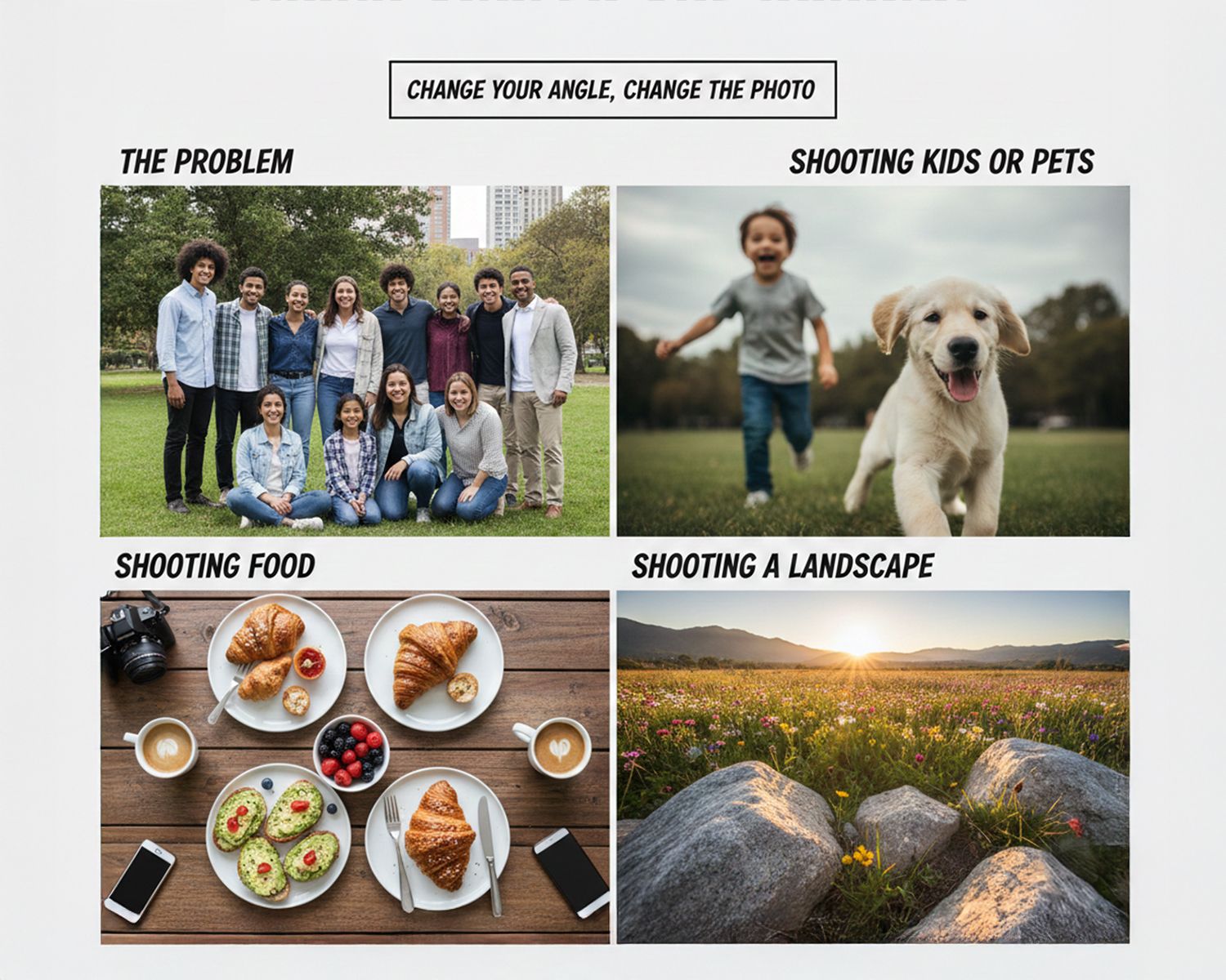 A collage of lifestyle photography showing food, family moments, pets, and outdoor scenes arranged in a grid layout.