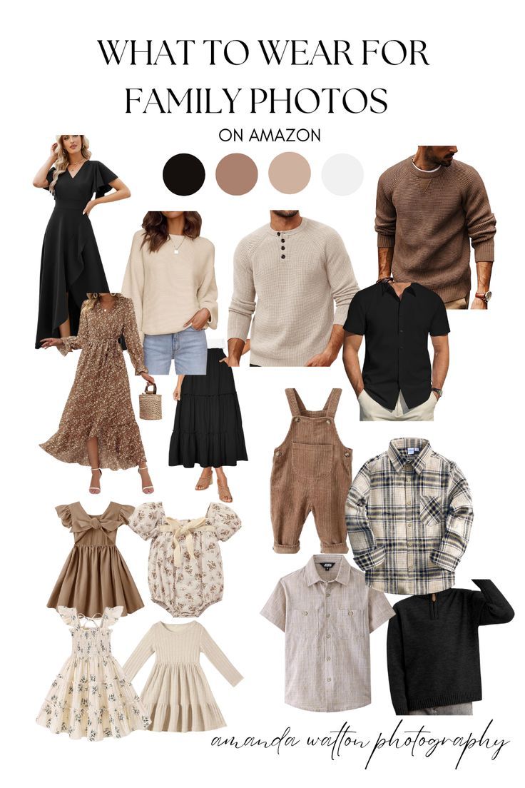 Fashion mood board featuring neutral winter clothing items including dresses, boots, jackets and accessories in cream and brown tones.
