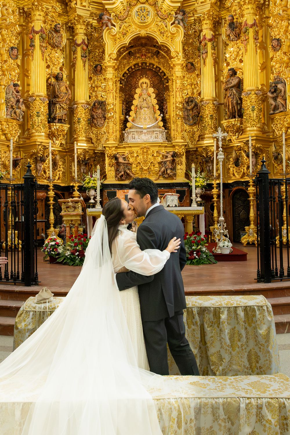 A sequence of wedding photos showing a couple at the altar in a luxurious gold-decorated cathedral.