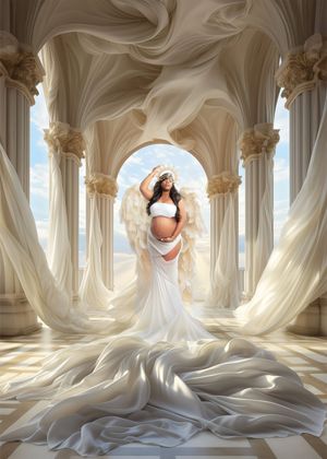 Pregnant woman in white dress with angel wings stands in a grand marble archway in a divine maternity photo.