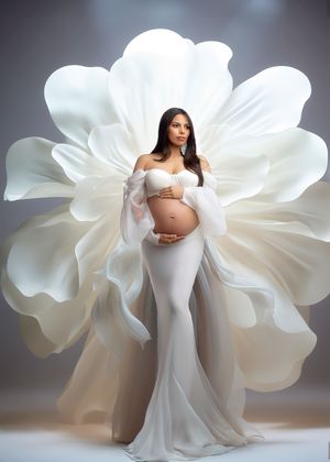 Elegant pregnant woman in white gown with large floral petal backdrop in studio maternity shoot.