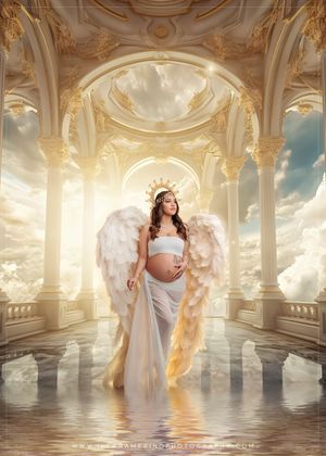 Fantasy maternity photo of pregnant woman with angel wings in golden celestial palace setting.