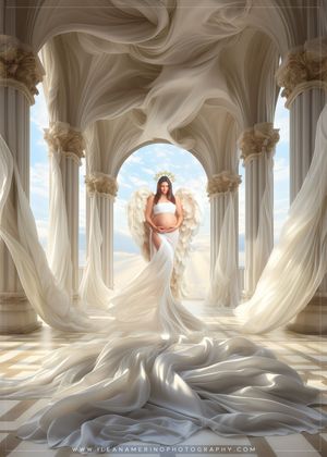 Pregnant woman with angel wings in white gown stands in a grand marble archway in an ethereal maternity portrait.