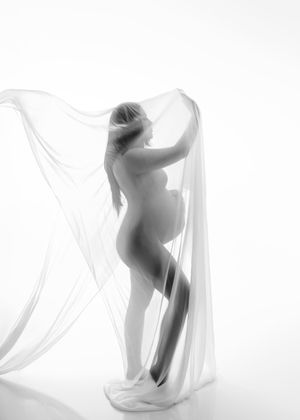 Black and white silhouette of pregnant woman posing with flowing sheer white fabric on white background.