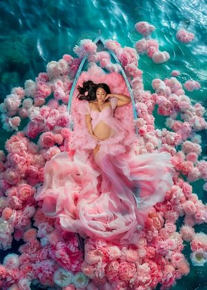 Aerial view of pregnant woman in pink tulle gown surrounded by pink flowers.