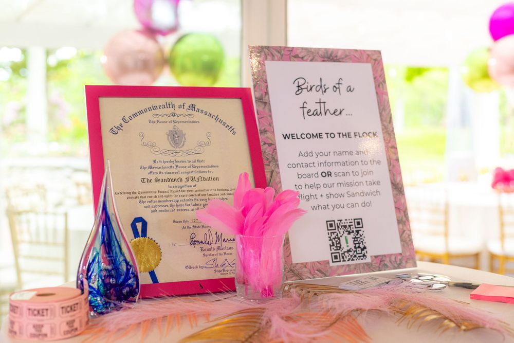 Pink and white party decorations with signs and balloons arranged on a table for a celebration event.