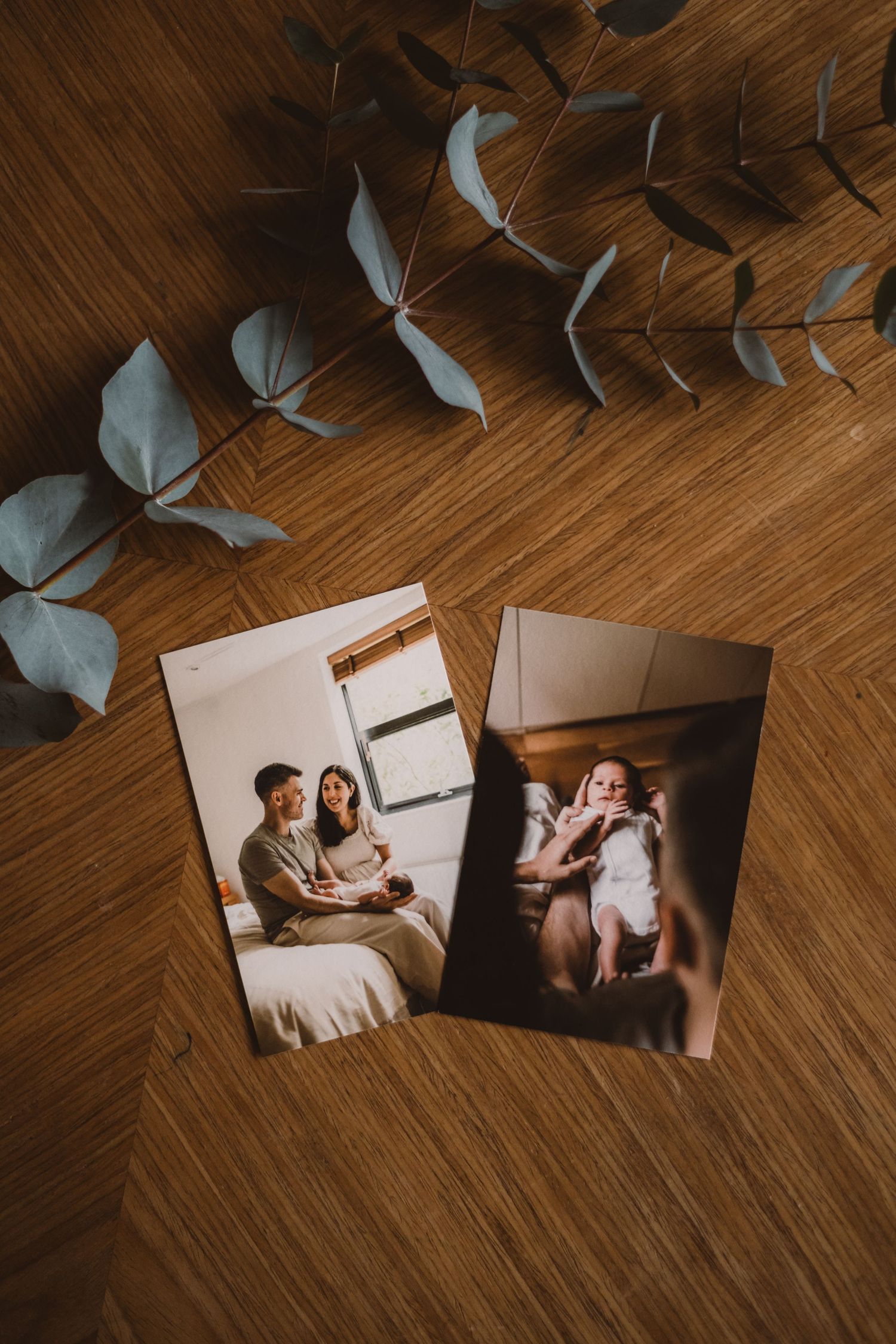 Photographs arranged with eucalyptus leaves on a wooden floor creating an artistic flat lay composition.