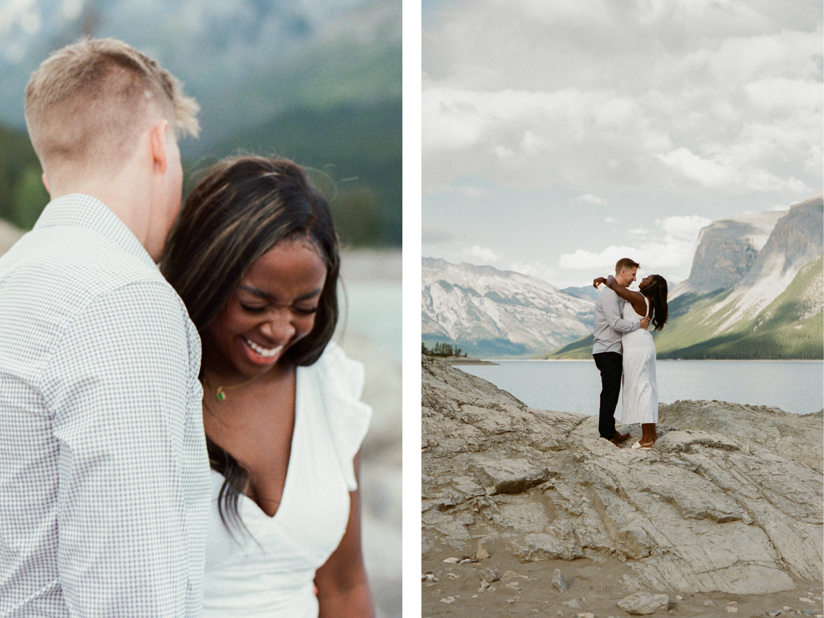 35 mm film photo of bride and groom holdnig each other and laughing by the lake in Banff National Park