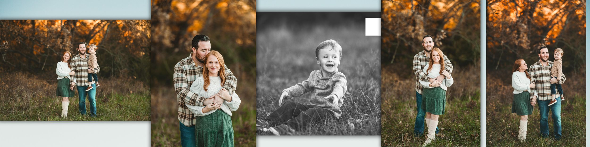 Five connected photos show a person in a plaid shirt and jeans sitting and playing in a grassy autumn field at sunset.