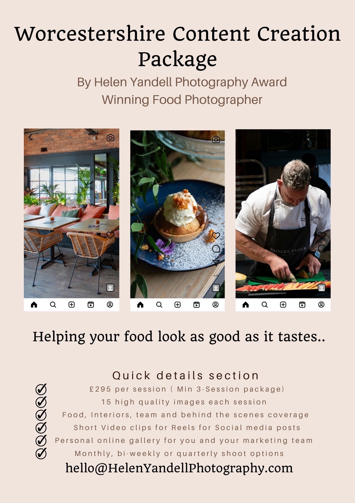 Content creation package for Hospitality businesses in Worcestershire by Award winning and Published Food Photographer Helen Yandell