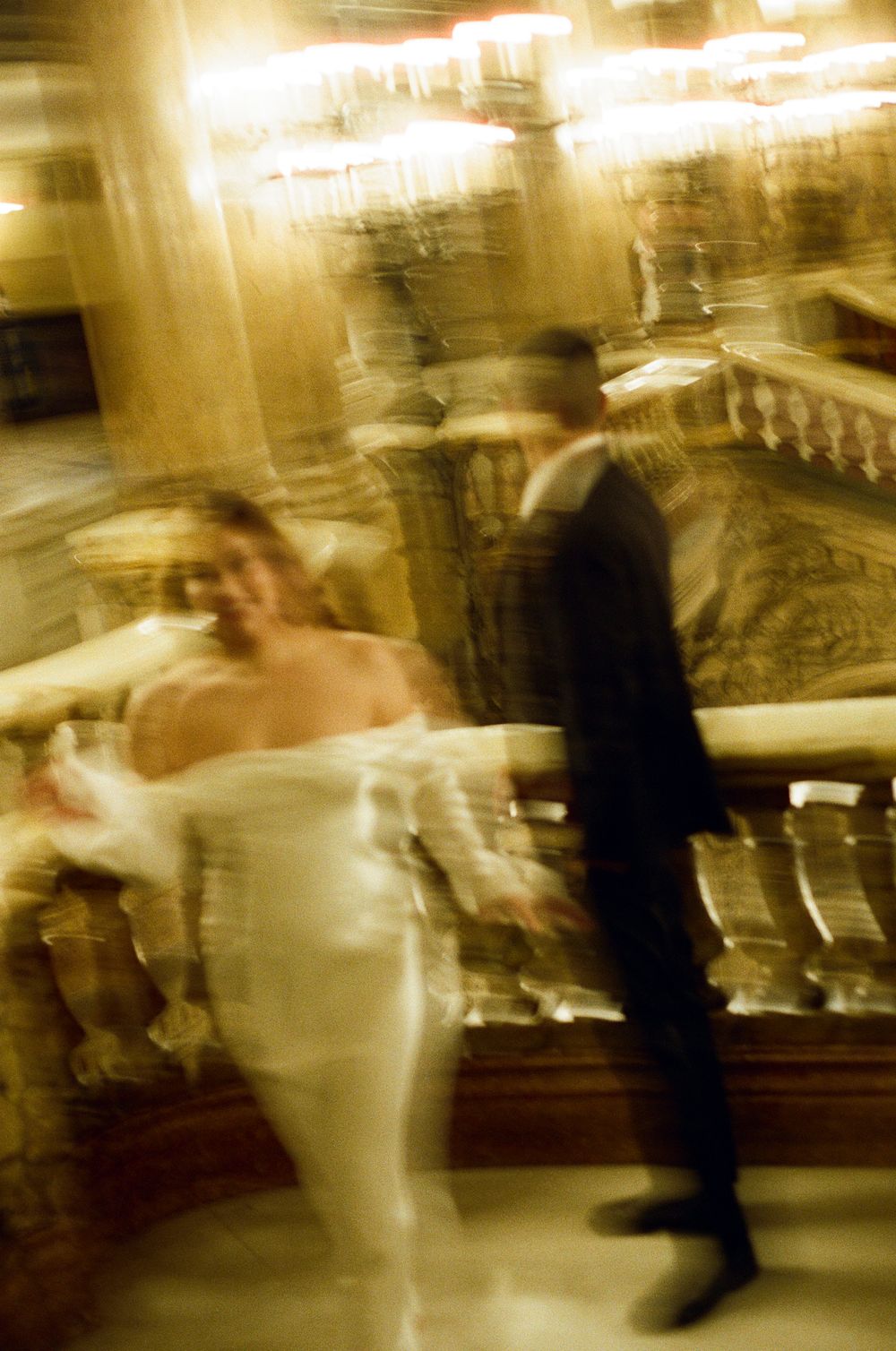 Motion-blurred romantic vintage, 90s, warm, Paris Opera House photoshoot, film photography, portra 800