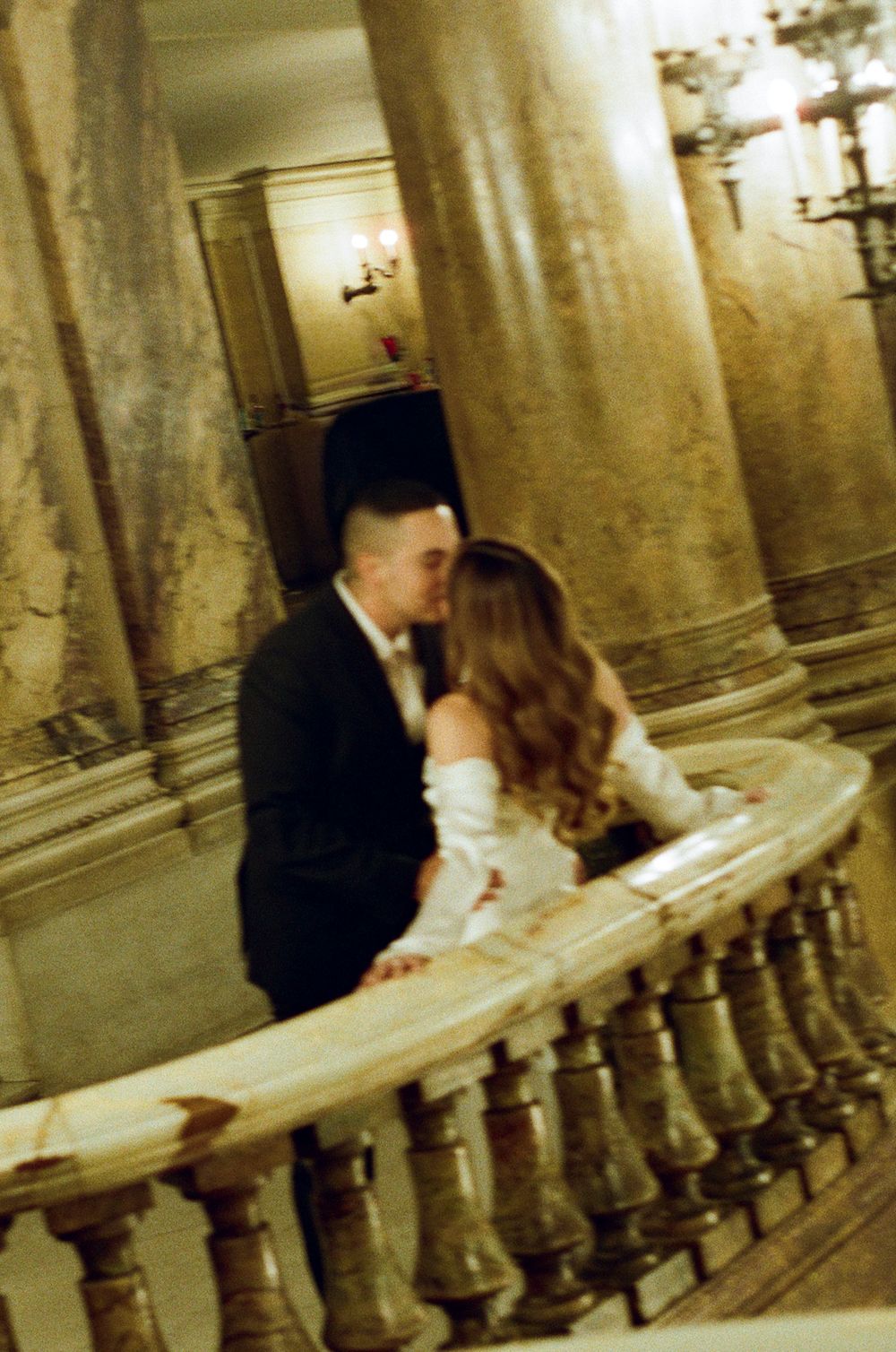 Romantic engagement photoshoot at Palais Garnier at Paris Opera House in editorial, cinematic paris photography