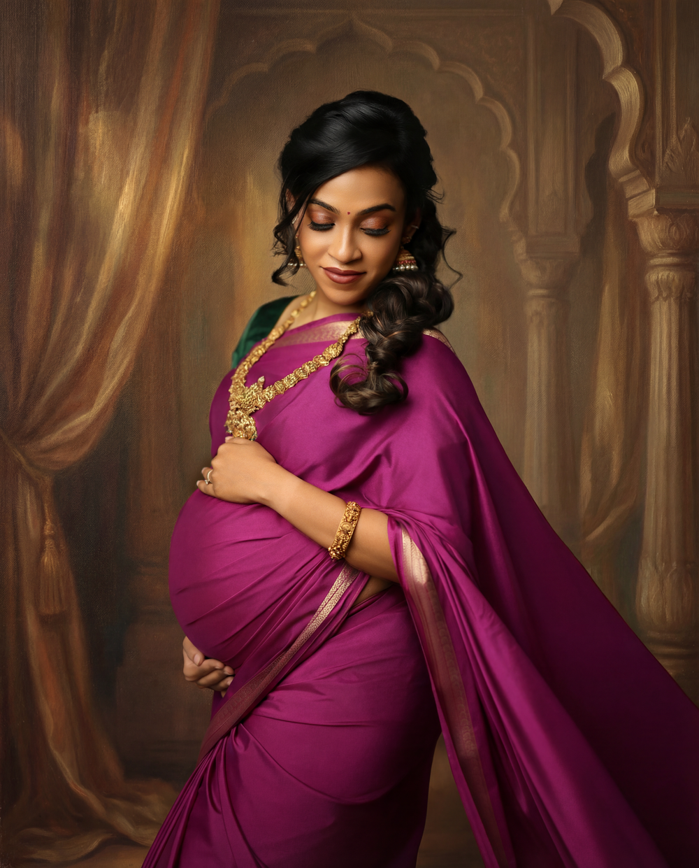 A woman in a flowing magenta evening gown poses elegantly against an ornate backdrop with dramatic lighting.