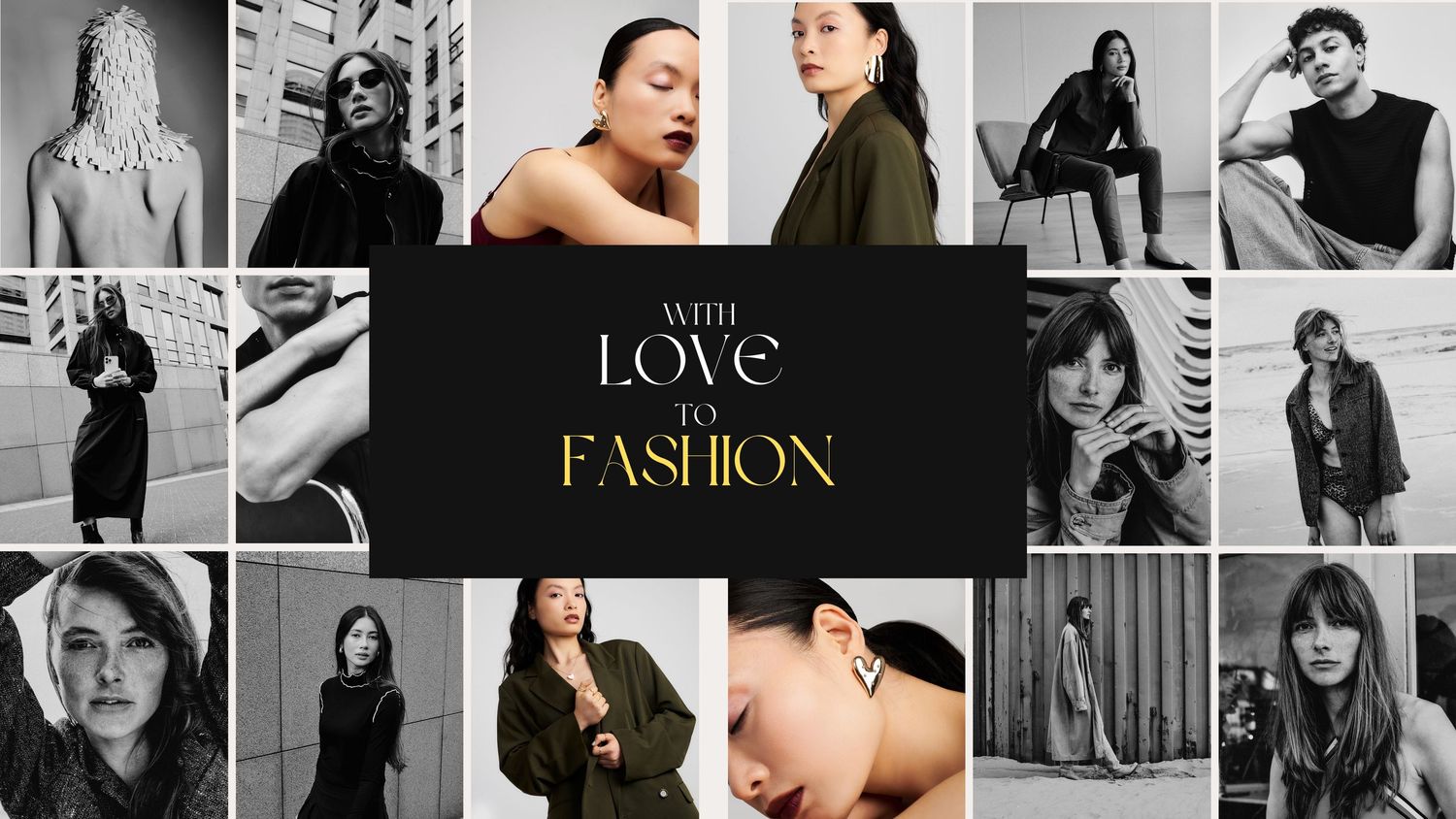A grid of fashion clothing items including sweaters, dresses, pants and tops in neutral colors arranged in a collage layout.