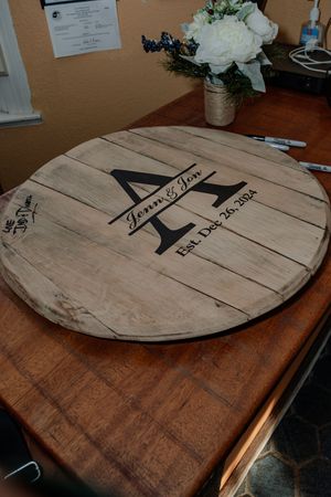 Rustic wooden circular table decorations with black numbered labels displayed in sequence.