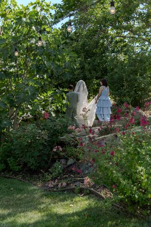 A garden scene with pink flowers blooming among green foliage and trees on a sunny summer day.