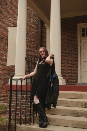 A person in black clothing poses playfully on brick building steps with white columns in a multi-panel photo series.