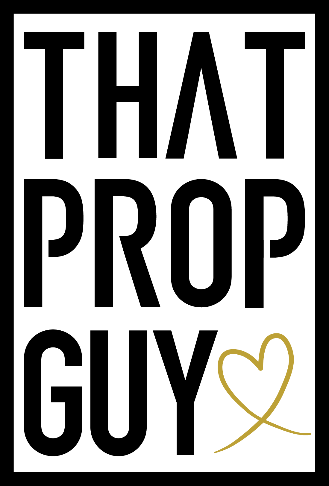 A minimalist black silhouette of That Prop Guy with a simple gold heart outline drawn next to it on a black background.
