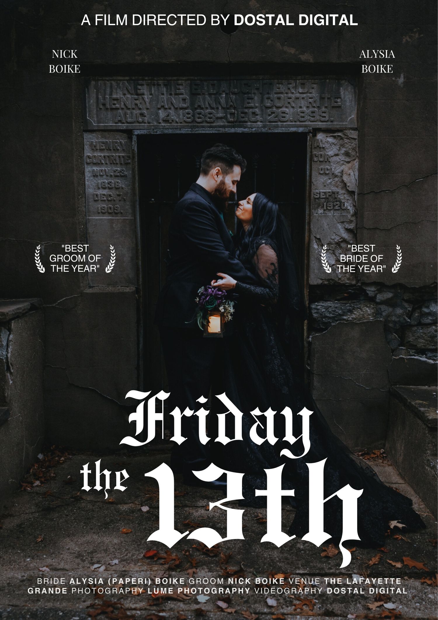 A dramatic movie poster showing a romantic couple embracing in a dark stone doorway, titled 'Friday the 13th'.