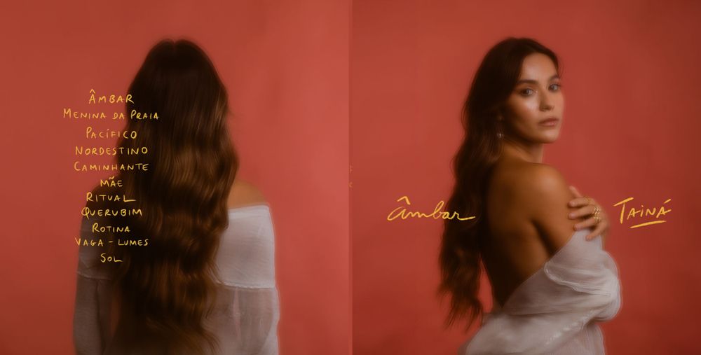 A warm-toned diptych photo showing a figure in a white top against a red-orange background.