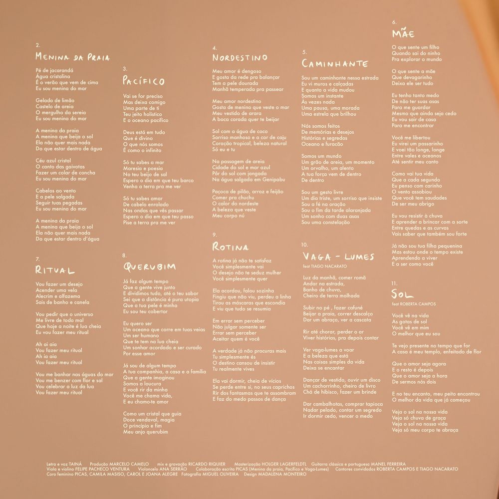 A tan or sepia-toned menu or program layout featuring multiple columns of text organized into different sections.