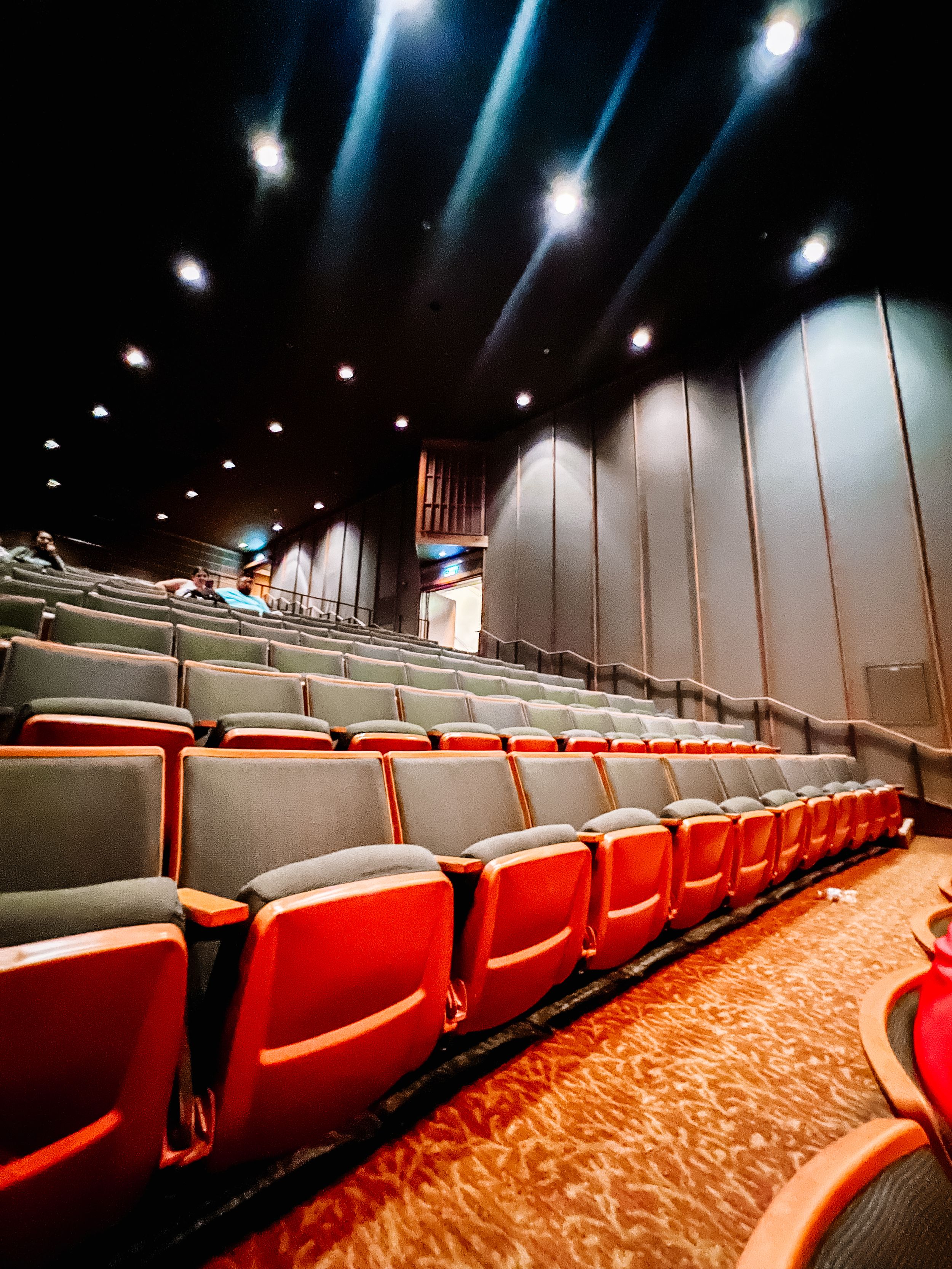 Empty movie theater with curved rows of red seats and sloped floor leading to illuminated screen at front.