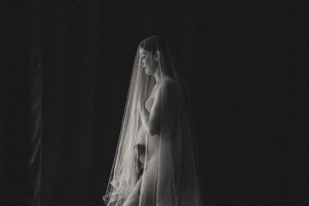 Artistic black and white silhouettes create a dreamy veil-draped composition.