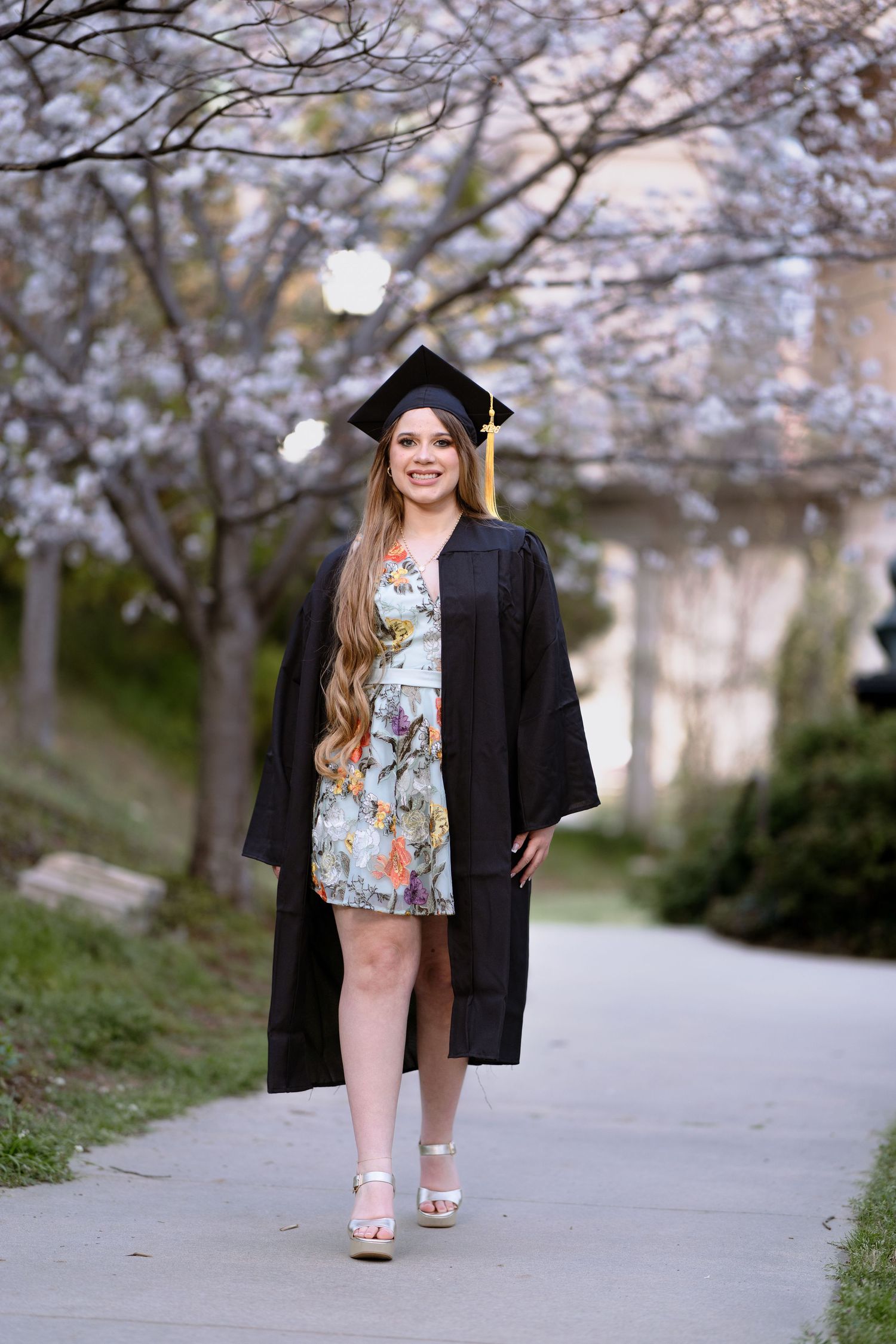 Smiling graduate in black cap and gown over floral dress poses on pathway lined with blooming cherry blossom trees.