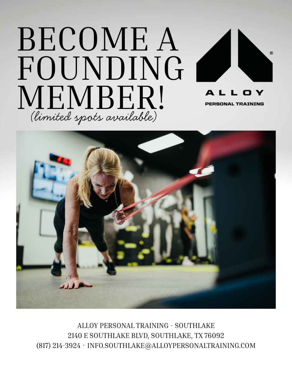 Woman doing resistance band exercise at Alloy Personal Training Southlake, TX - Founding Member spots available.