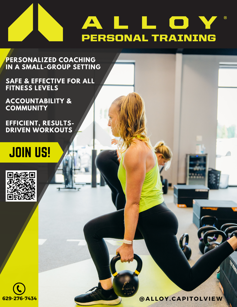 Alloy Personal Training promotional poster showing personalized coaching in small groups for all fitness levels.