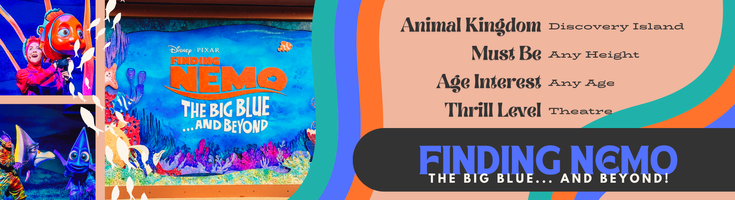 A theme park entrance sign displays Finding Nemo and other attraction titles against a blue and orange background.