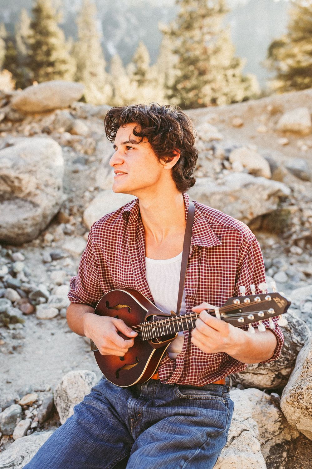 A young man plays mandolin on rocks in a sunny mountain forest wearing a red plaid shirt and jeans.