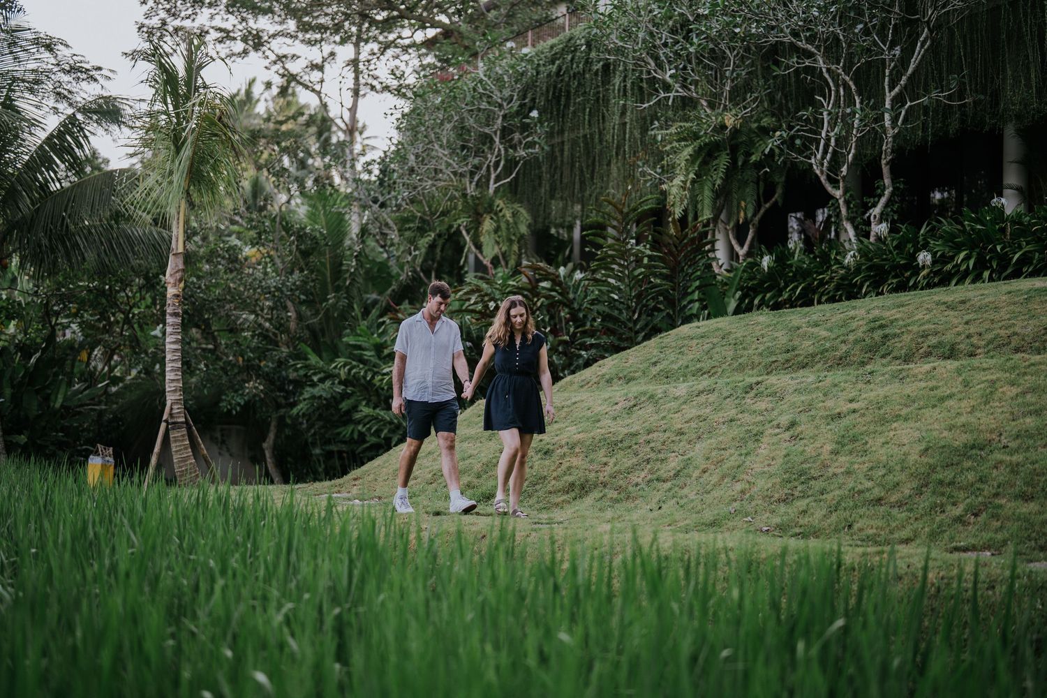 Couple photography in Bali amid panoramic rice fields and intimate Ubud nature