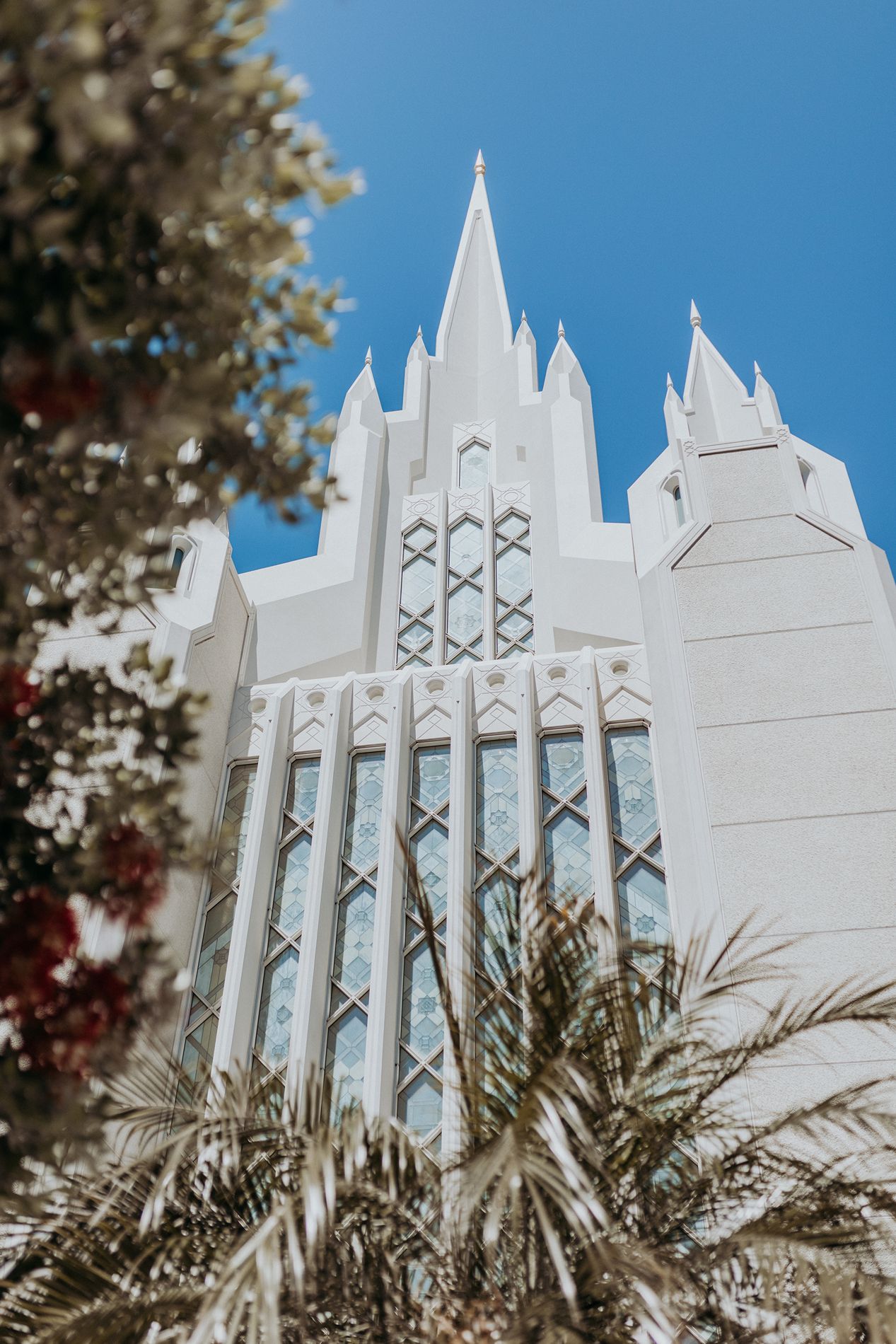 White LDS temple with Gothic spires and ornate windows framed by palm trees against a clear blue sky in San Diego.